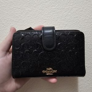 Coach Black Signature Embossed Compact Crossbody Wallet